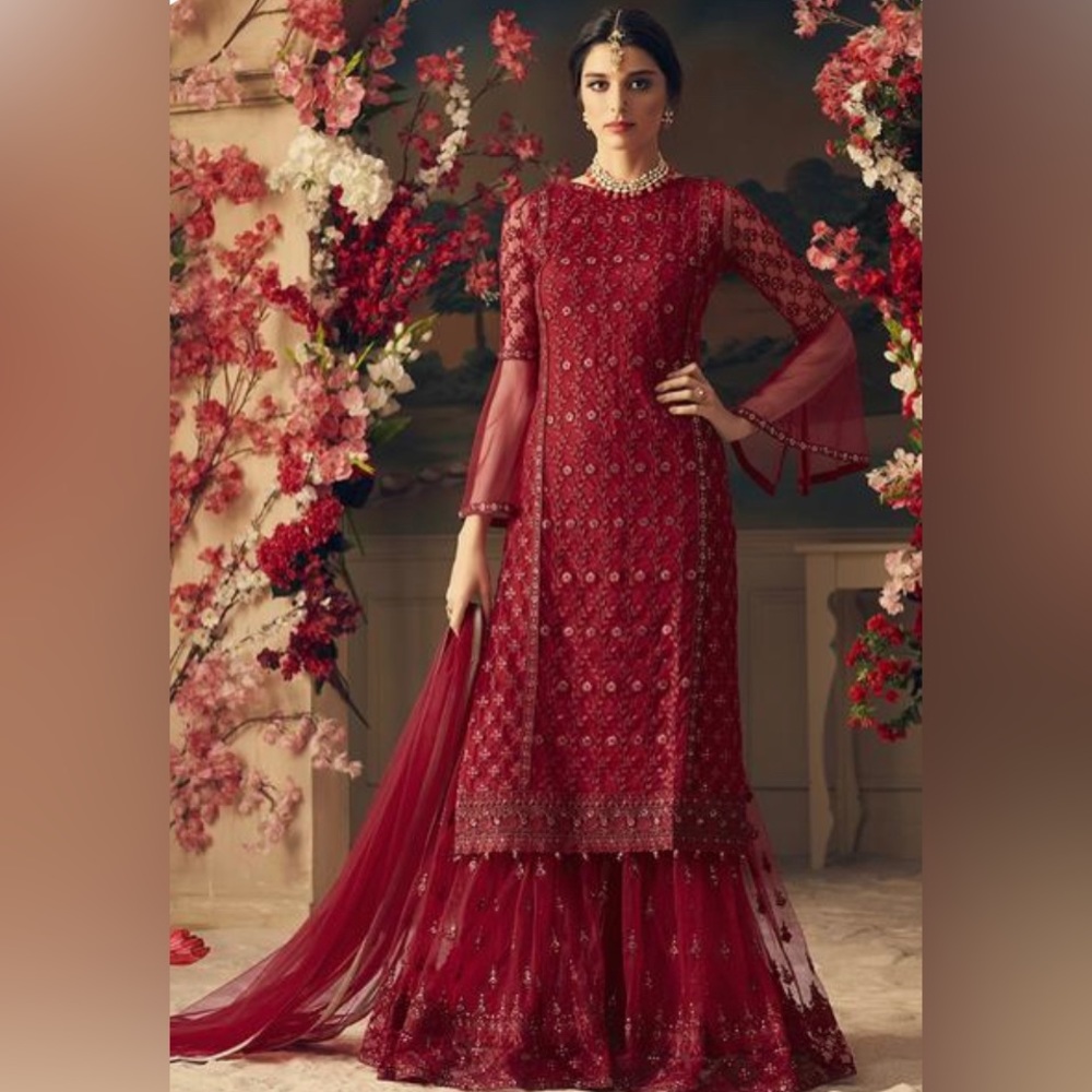 Dark Red Pakistani Sharara Dress
